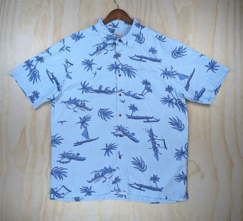 Quiksilver Waterman Men's XL Hawaiian Shirt Light Blue Outrigger Canoe Modal